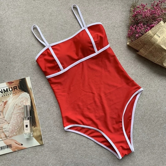Sport Red with White Stripes Onepiece Swimsuit - Picture 3 of 7